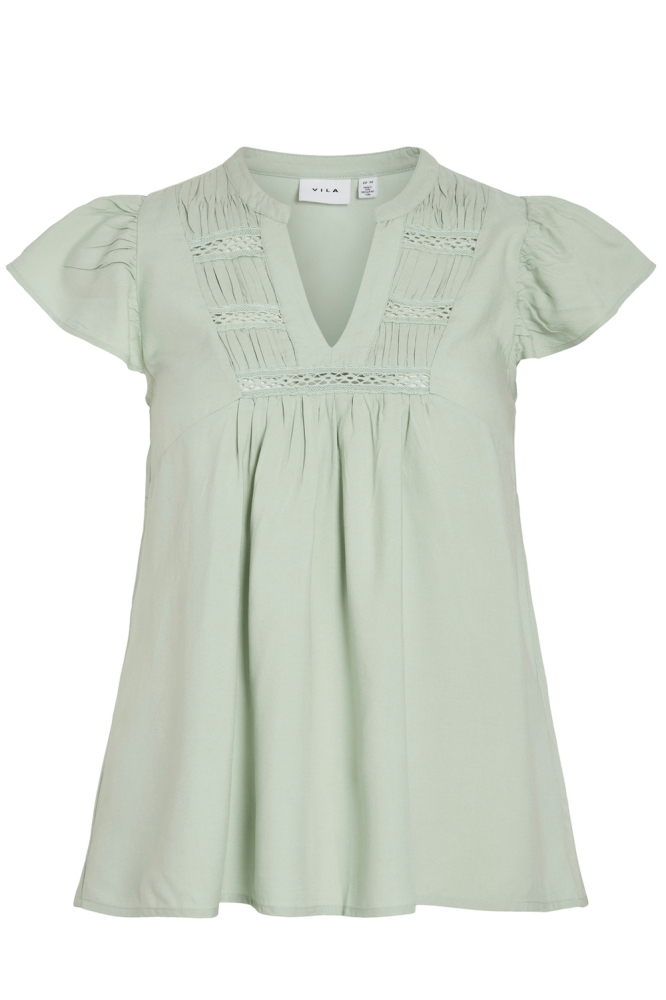 VIVISIA V-NECK C/S PLEATED TOP/TES 14106953 SILT GREEN